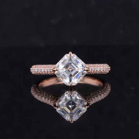 Asscher cut moissanite solitaire ring with pavé diamond shank – geometric brilliance with added sparkle