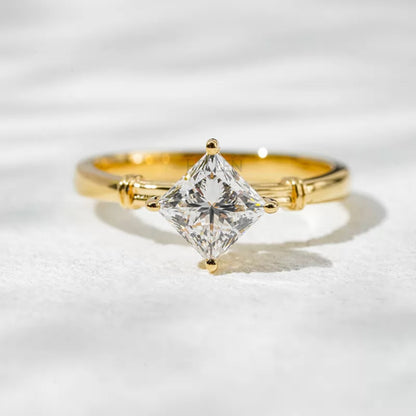 Princess cut moissanite solitaire ring with unique engagement setting