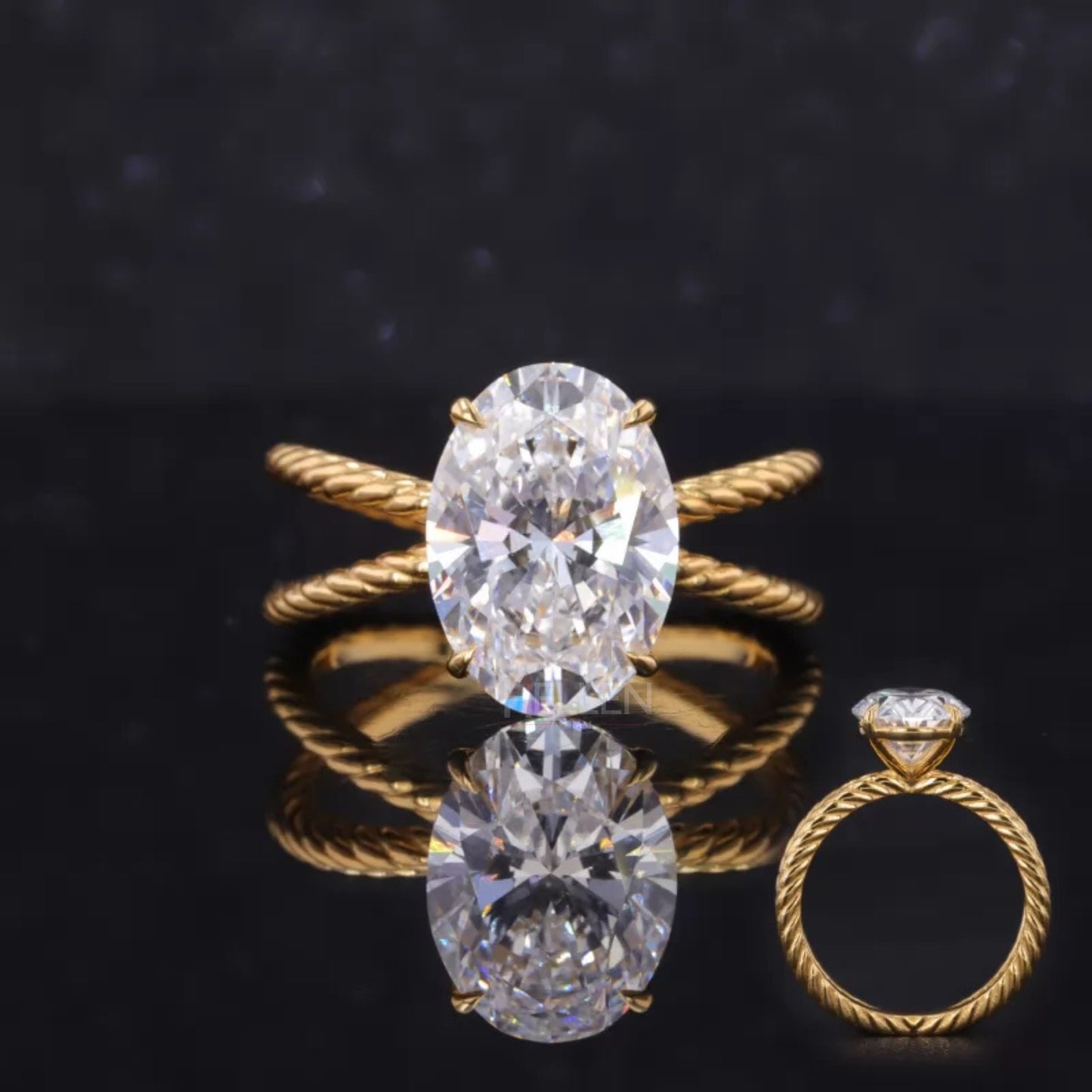 Oval cut solitaire moissanite engagement ring with twisted crossed shank – stylish and unique modern design

