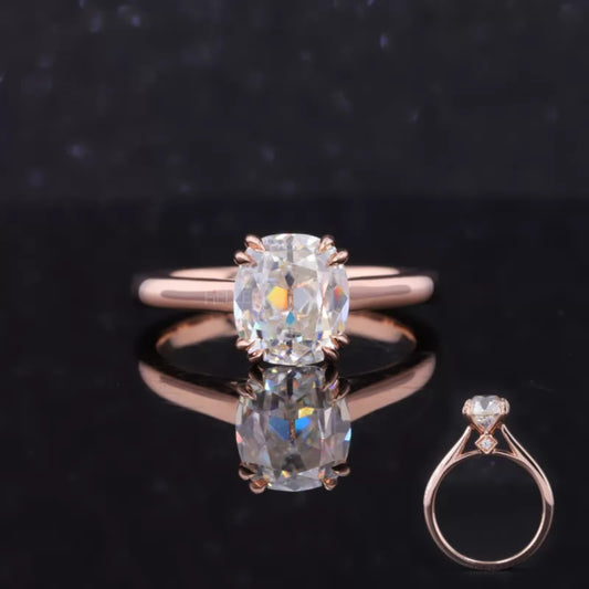 Cushion cut moissanite solitaire ring with hidden halo and double prongs – luxurious sparkle with secure elegance