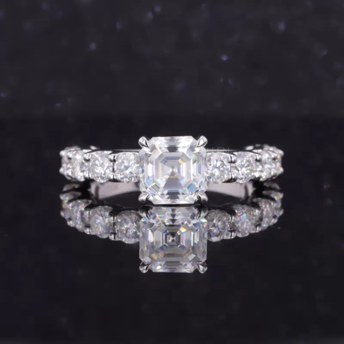 Asscher cut moissanite solitaire ring with pavé diamond shank – bold, geometric brilliance with delicate sparkle
