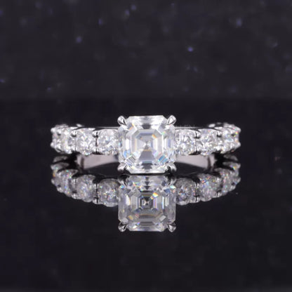 Asscher cut moissanite solitaire ring with pavé diamond shank – bold, geometric brilliance with delicate sparkle