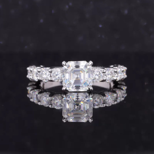 Asscher cut moissanite solitaire ring with pavé diamond shank – bold, geometric brilliance with delicate sparkle
