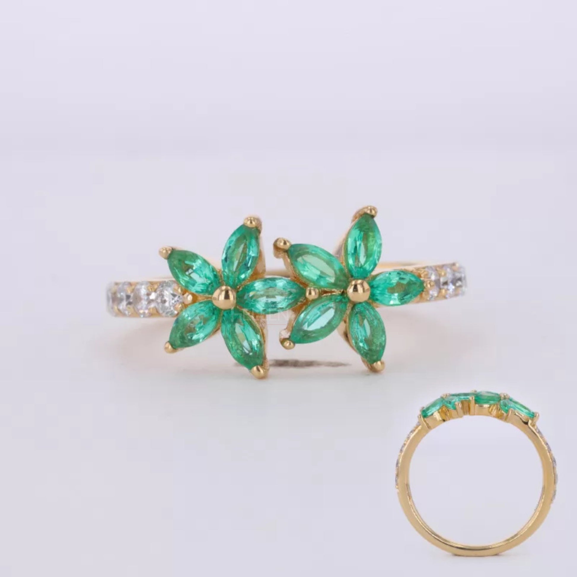 Floral inspired ring featuring green gemstone and brilliant moissanite