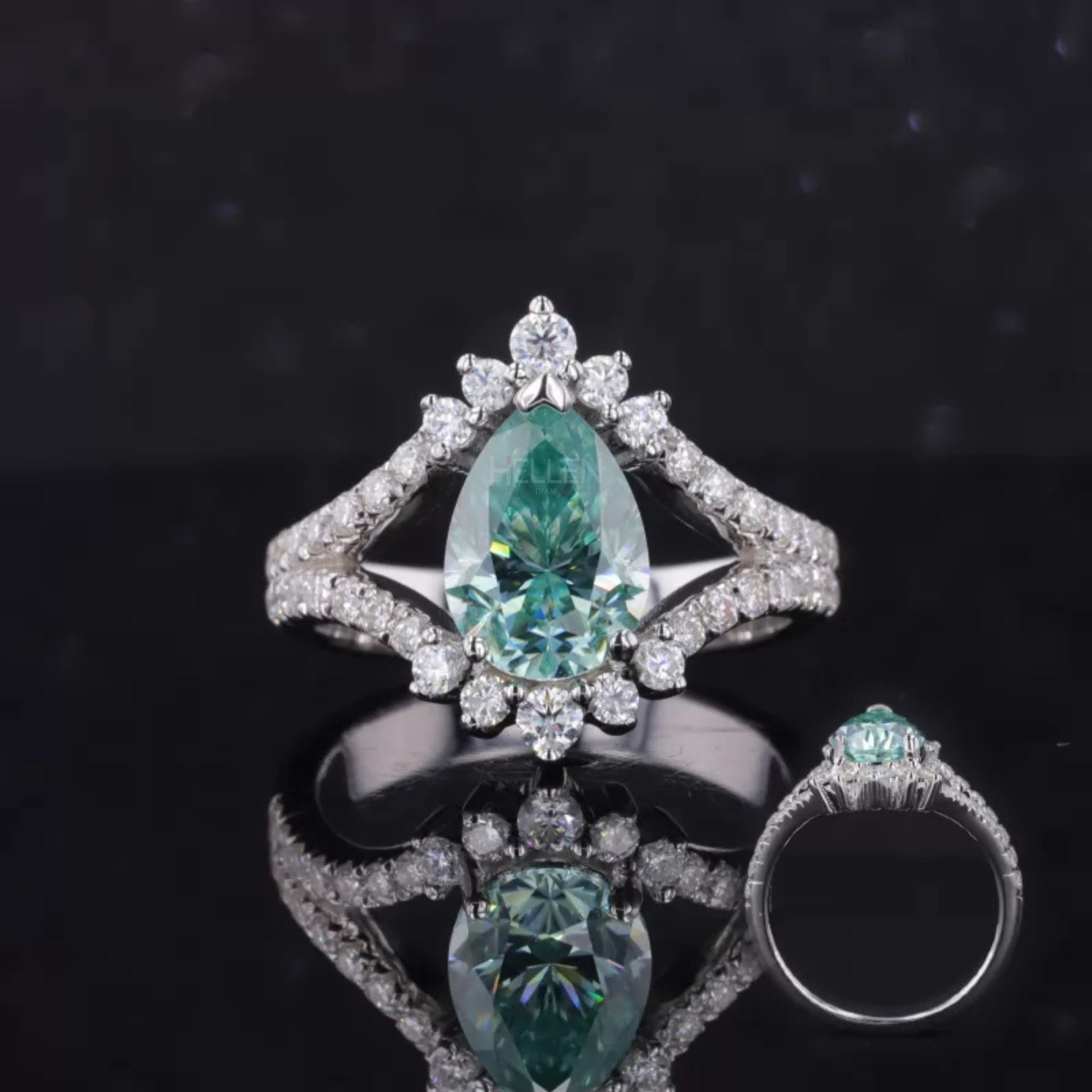 Split shank engagement ring with blue-green pear and round cut moissanite – unique and colorful proposal ring

