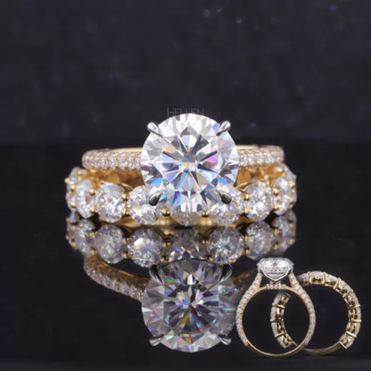Round solitaire moissanite ring paired with a stackable half eternity band – elegant and timeless bridal set

