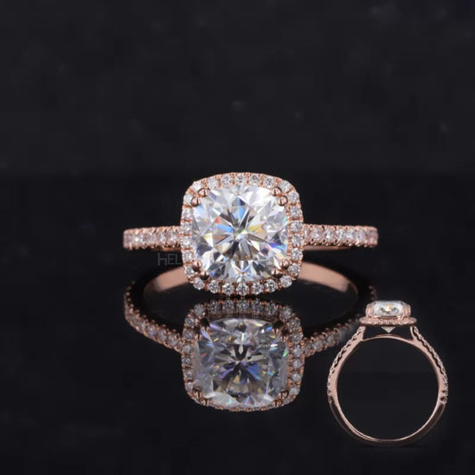 Cushion illusion halo ring with round cut moissanite – vintage-inspired sparkle and depth