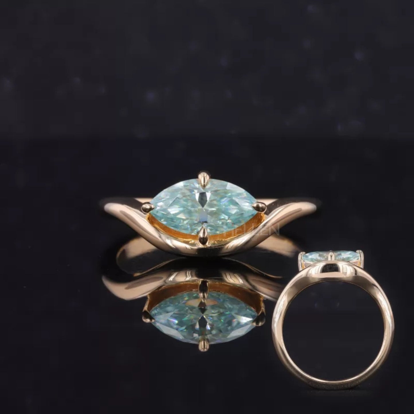 East-west marquise cut blue-green moissanite solitaire ring – unique proposal design with modern elegance

