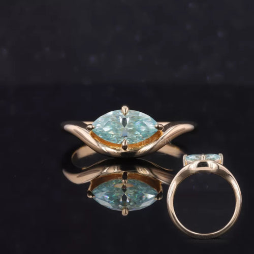 East-West Marquise Blue Green Moissanite Solitaire Proposal Ring