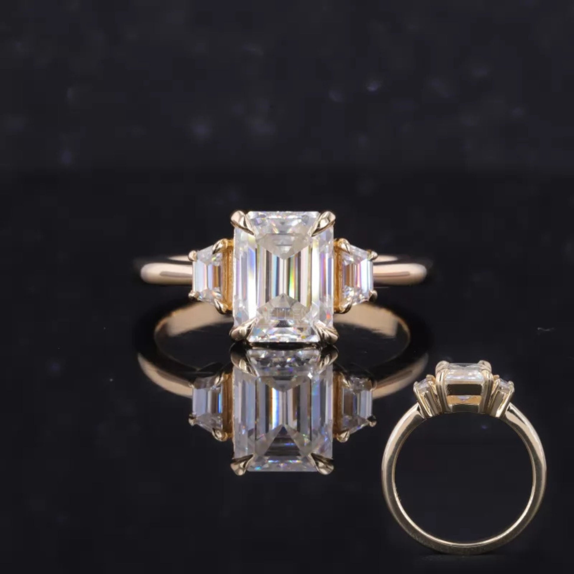 Sleek emerald cut moissanite 3 stone engagement ring – classic and elegant bridal jewelry piece