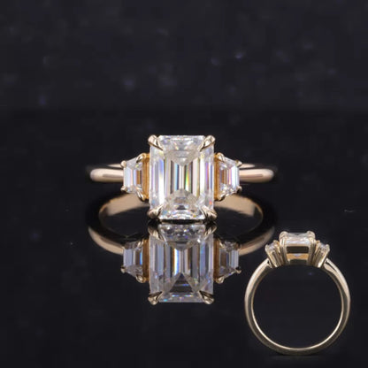 Sleek emerald cut moissanite 3 stone engagement ring – classic and elegant bridal jewelry piece