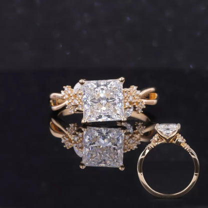Princess cut solitaire moissanite engagement ring with antique shank detailing – vintage-inspired design in elegant setting

