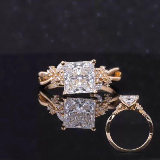 Princess cut solitaire moissanite engagement ring with antique shank detailing – vintage-inspired design in elegant setting

