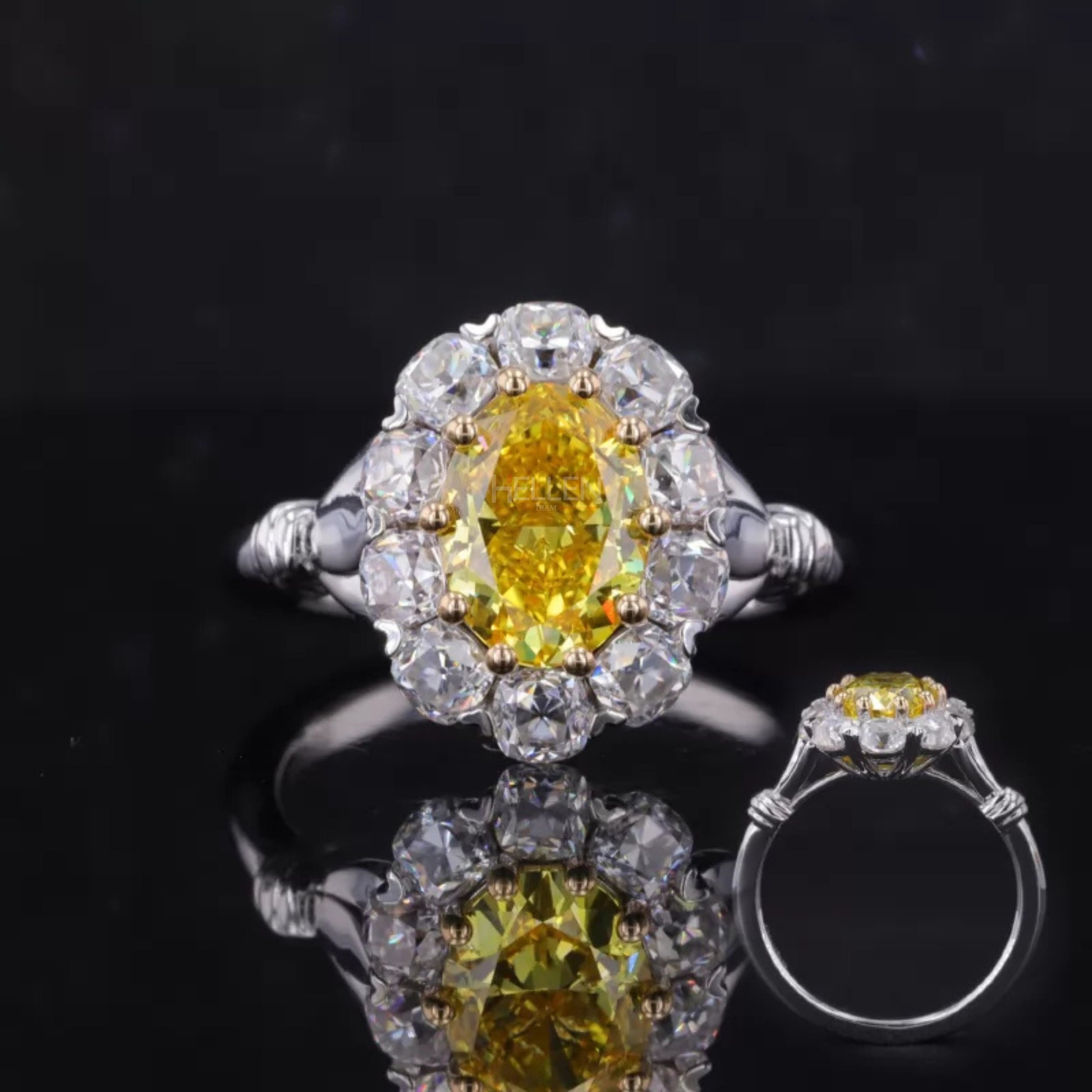 Halo engagement ring with yellow sapphire center and moissanite accents in 925 sterling silver – vibrant gemstone bridal jewelry

