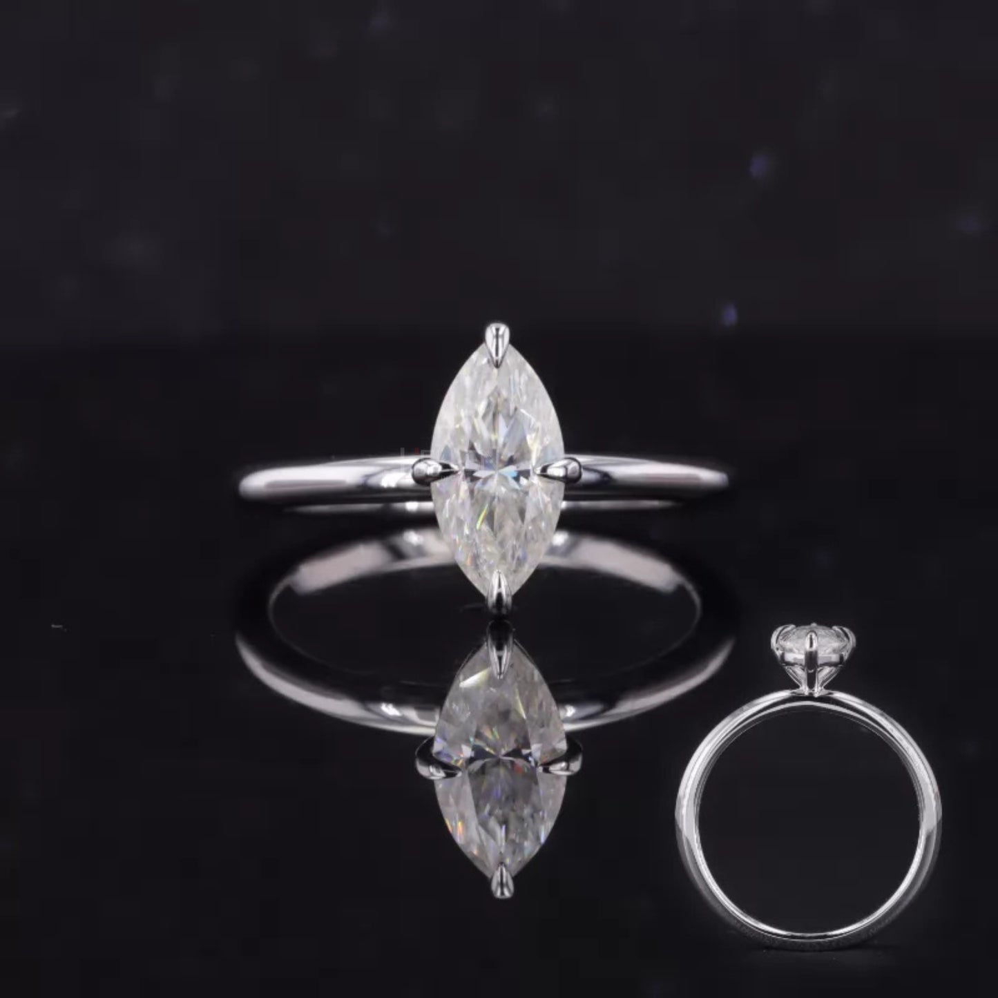 Solitaire ring with marquise cut moissanite in claw prong setting – sleek and graceful 925 silver engagement ring