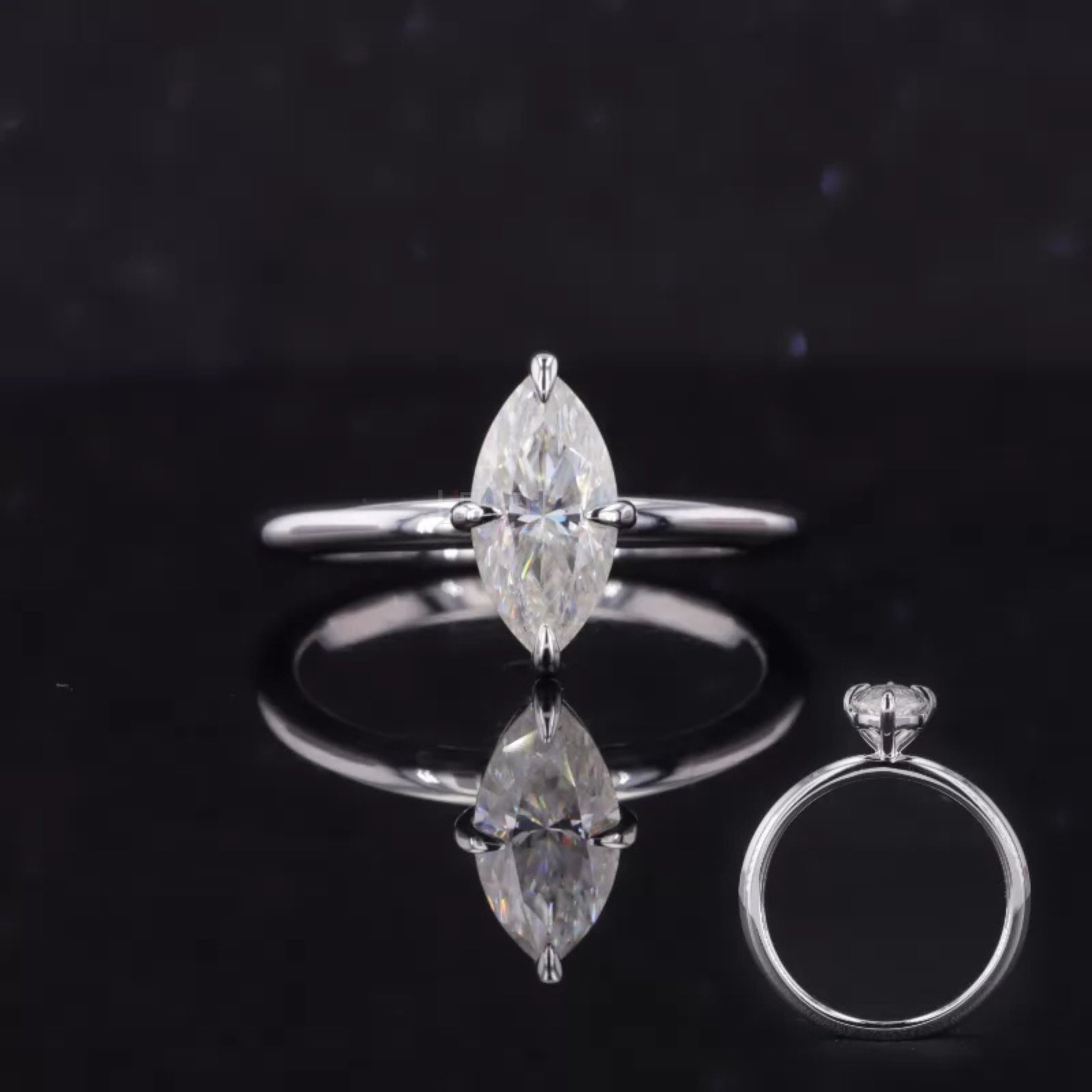 Solitaire ring with marquise cut moissanite in claw prong setting – sleek and graceful 925 silver engagement ring