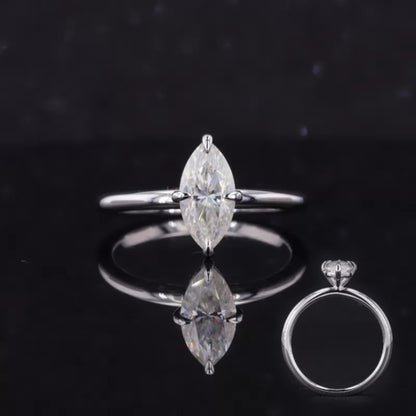 Solitaire ring with marquise cut moissanite in claw prong setting – sleek and graceful 925 silver engagement ring