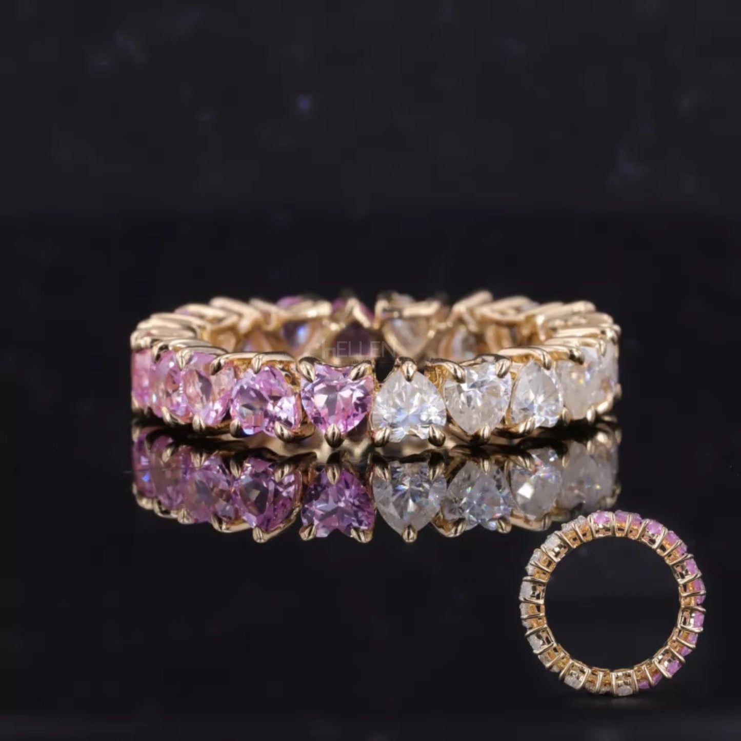 Heart cut wedding band with half pink gemstones and moissanite – romantic dual-tone sparkle for modern brides

