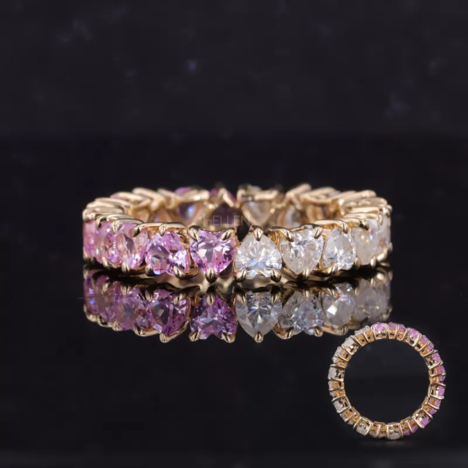 Heart cut wedding band with half pink gemstones and moissanite – romantic dual-tone sparkle for modern brides

