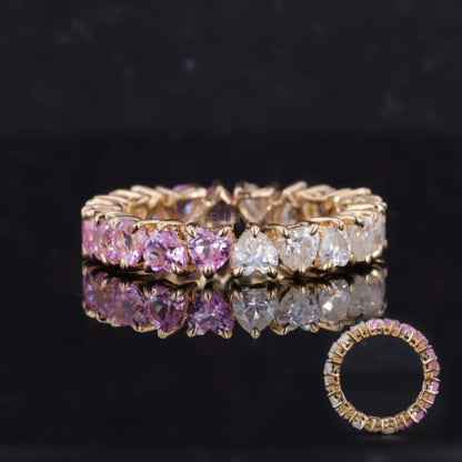 Heart cut wedding band with half pink gemstones and moissanite – romantic dual-tone sparkle for modern brides

