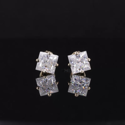 Princess cut moissanite studs with a unique setting – modern sparkle with a bold edge