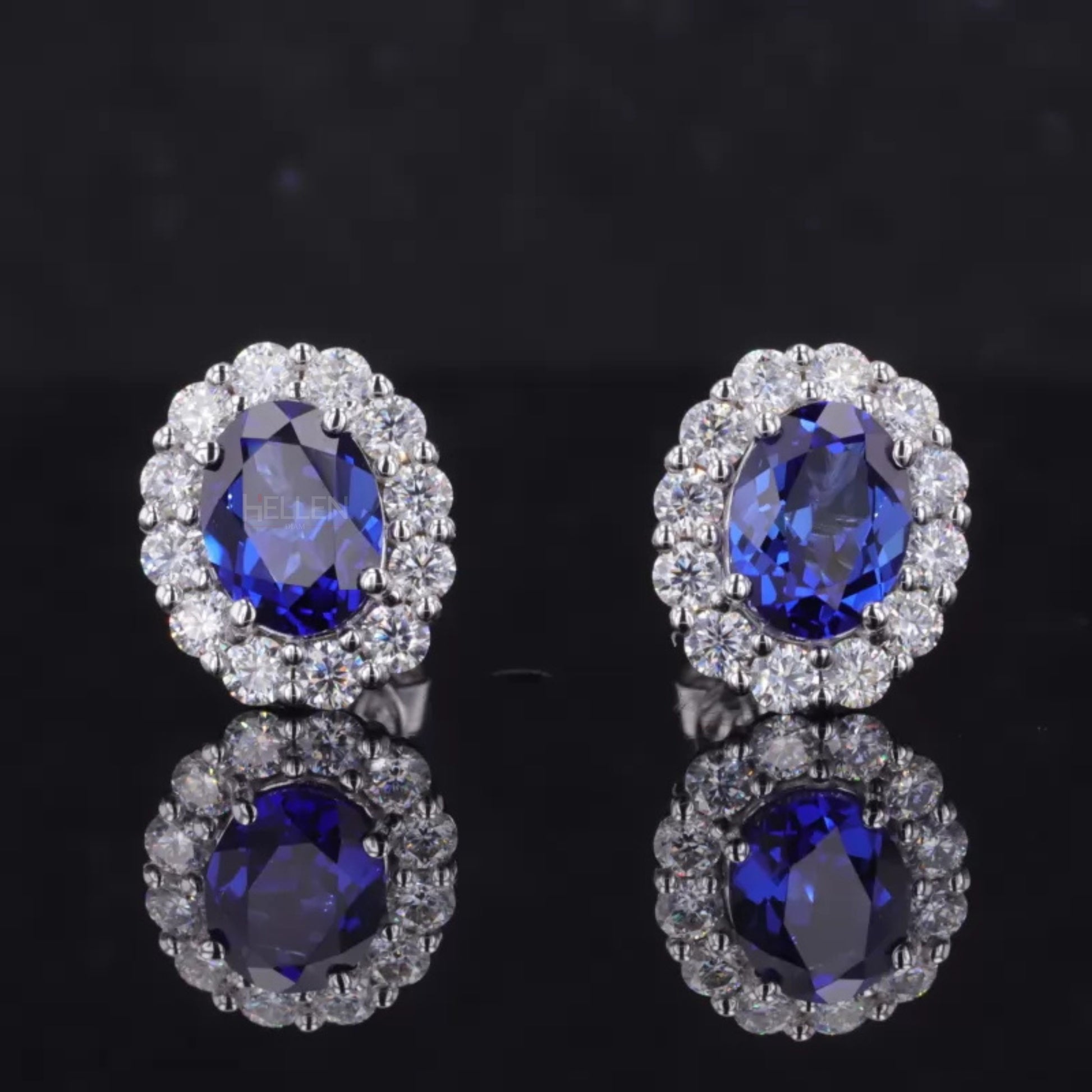 Blue sapphire oval gemstone studs with moissanite halo – regal gemstone earrings with radiant halo