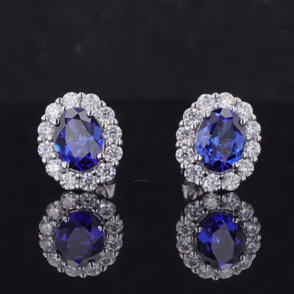 Blue sapphire oval gemstone studs with moissanite halo – regal gemstone earrings with radiant halo