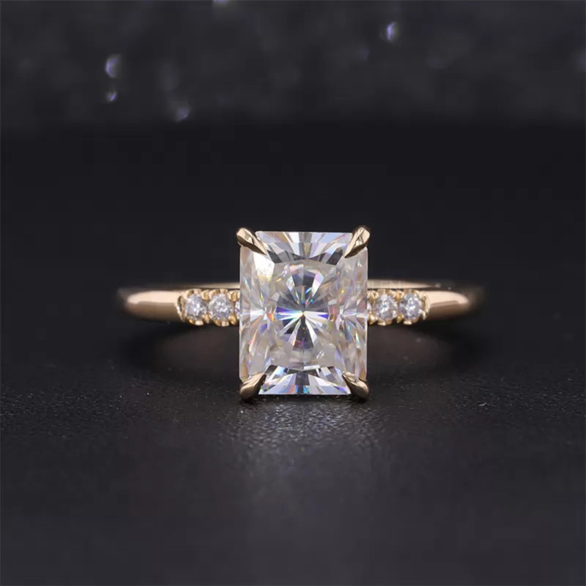 Radiant cut moissanite solitaire engagement ring with pavé diamonds – bold brilliance and classic detailing