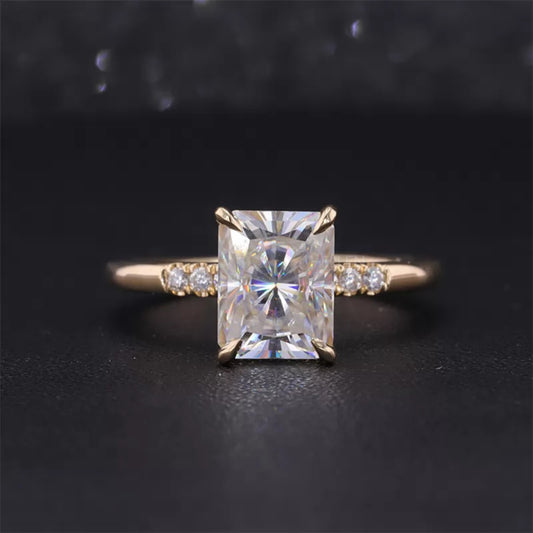 Radiant cut moissanite solitaire engagement ring with pavé diamonds – bold brilliance and classic detailing