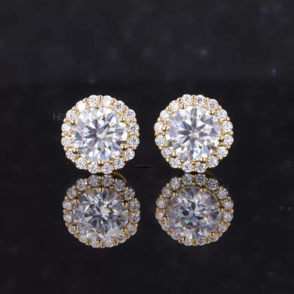 Halo studs with round cut moissanite in sterling silver – timeless sparkle with added brilliance