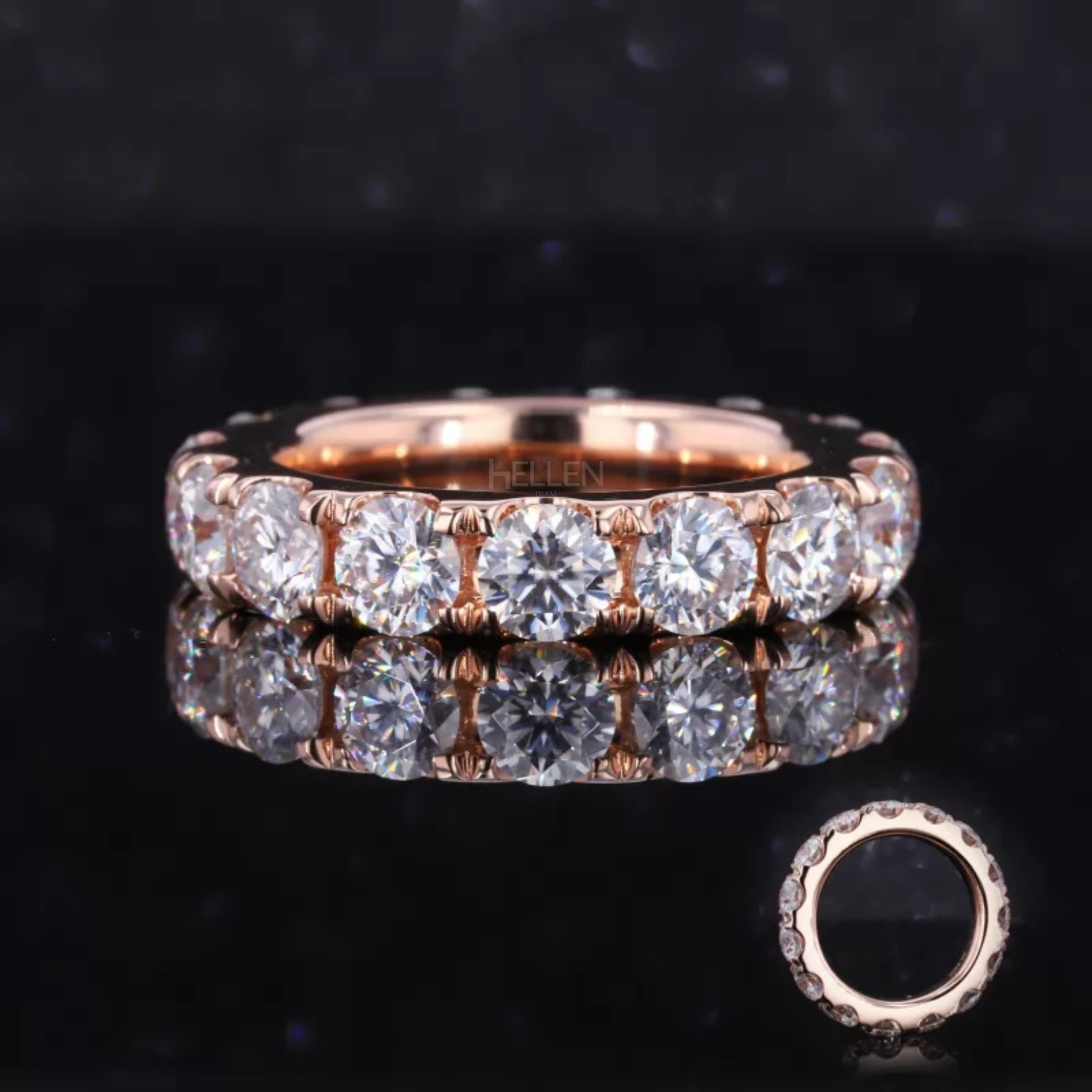 Elegant full eternity wedding band with round moissanite stones – classic brilliance all around

