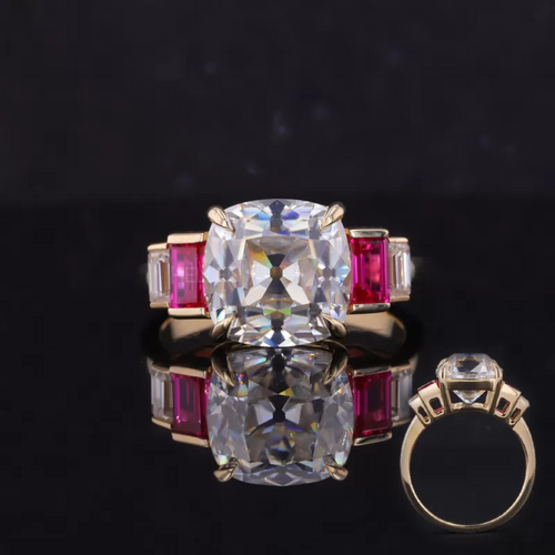 Cushion Old European Cut with Emerald & Ruby Side Stone Ring