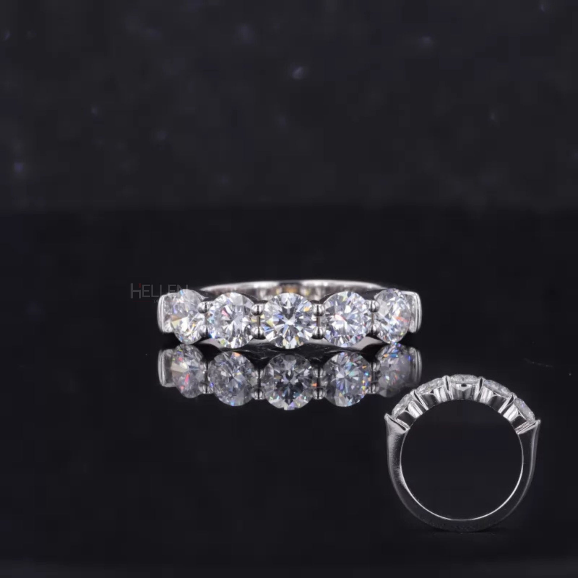 Five round cut moissanite stones in a wedding band – radiant and classic bridal design