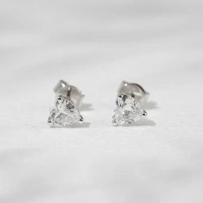 Heart cut moissanite solitaire studs with secure 3-prong setting – sweet and minimal romantic style