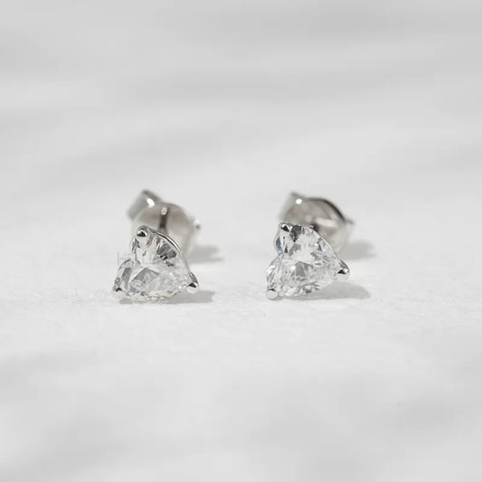 Heart cut moissanite solitaire studs with secure 3-prong setting – sweet and minimal romantic style