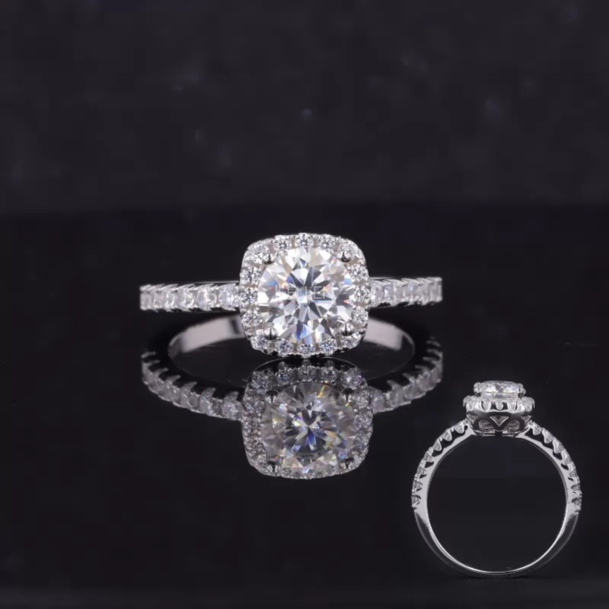 Round cut moissanite solitaire ring with cushion illusion halo – modern twist on a vintage-style design