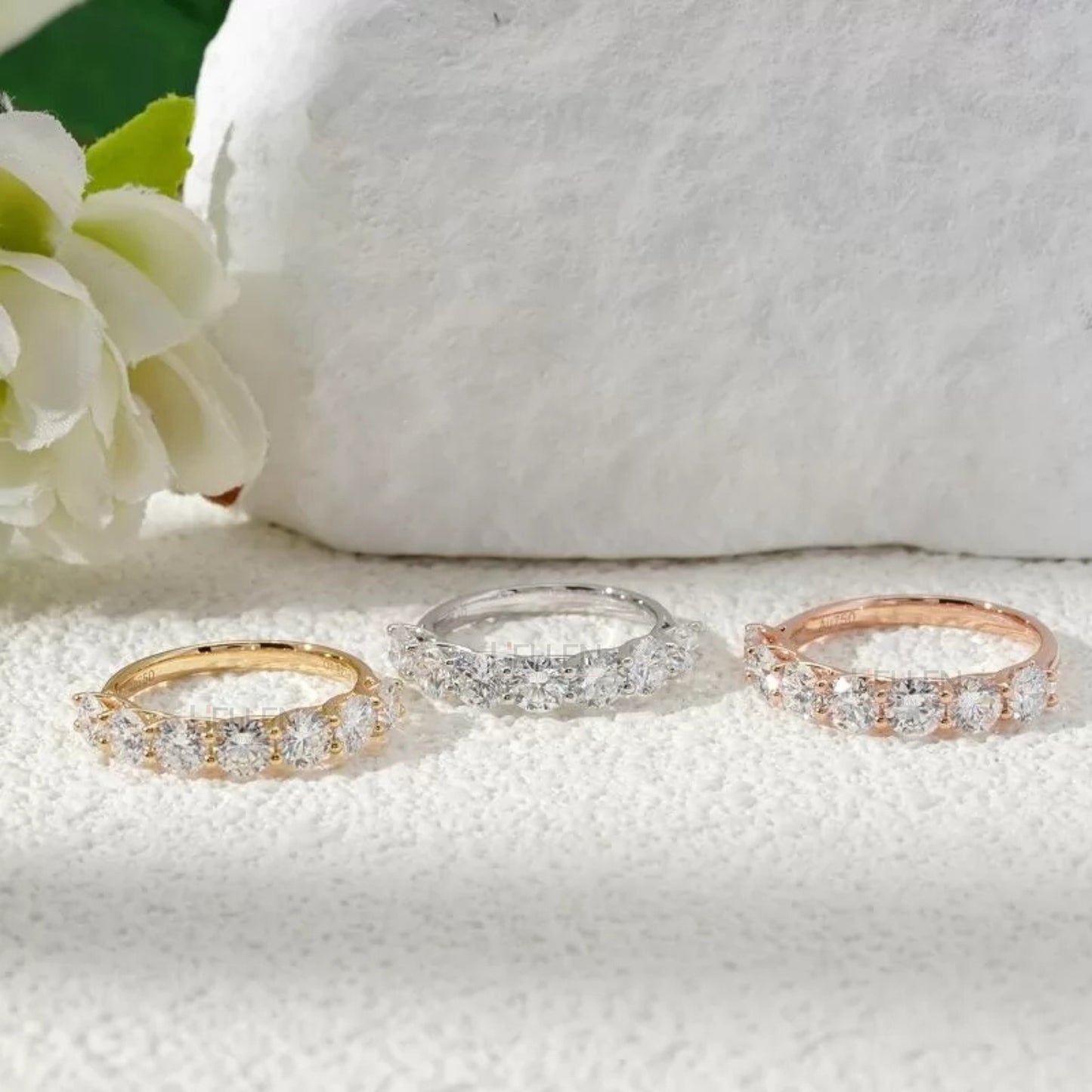 Half eternity band with round cut moissanite in sterling silver – classic wedding or anniversary ring