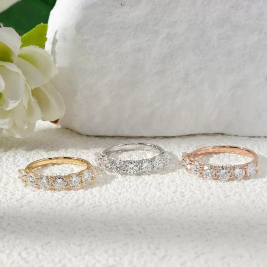 Half eternity band with round cut moissanite in sterling silver – classic wedding or anniversary ring