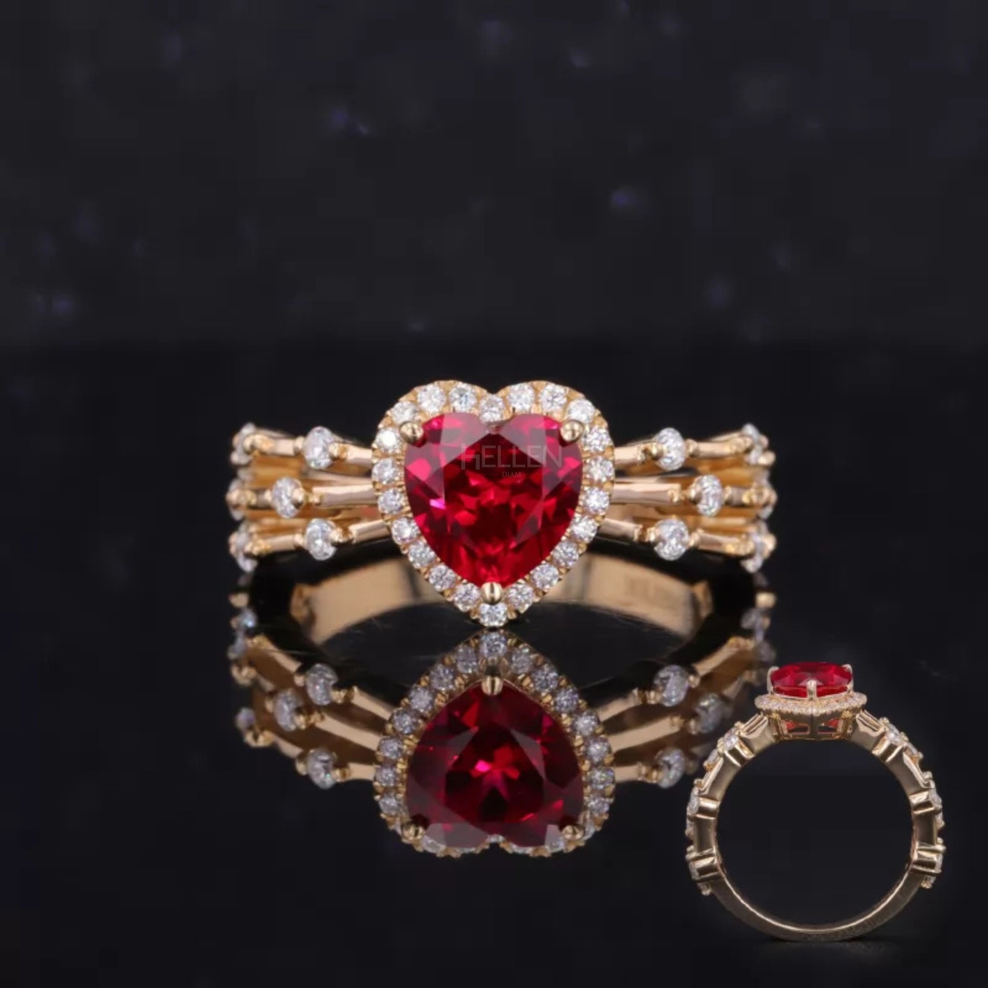 Heart shaped halo ring with blood red gemstone and shimmering moissanite