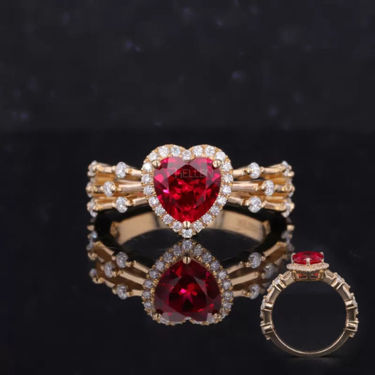 Heart shaped halo ring with blood red gemstone and shimmering moissanite