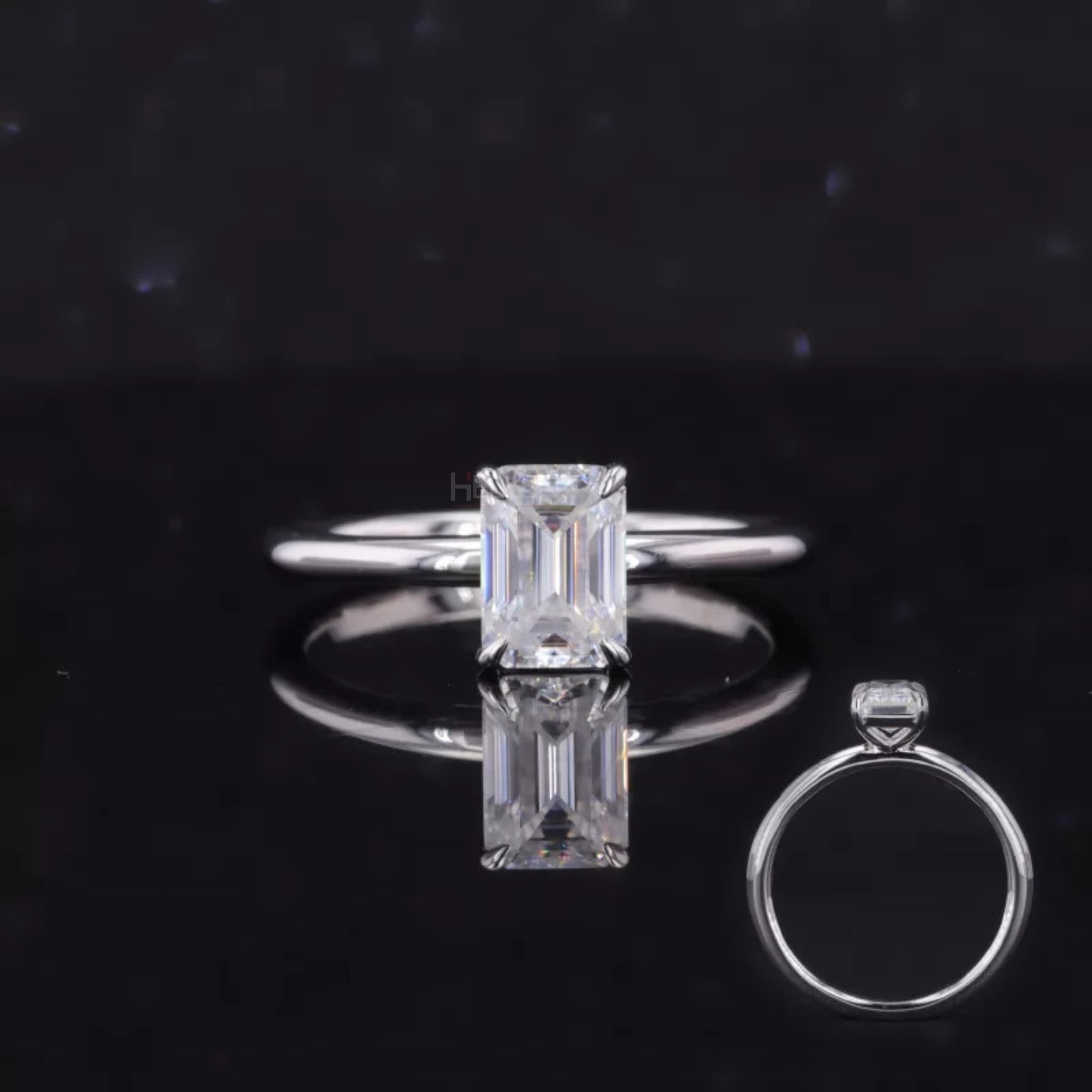 Emerald cut moissanite solitaire ring with bold tiger prongs in 925 sterling silver – edgy and elegant engagement ring