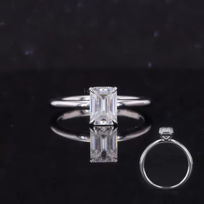 Emerald cut moissanite solitaire ring with bold tiger prongs in 925 sterling silver – edgy and elegant engagement ring