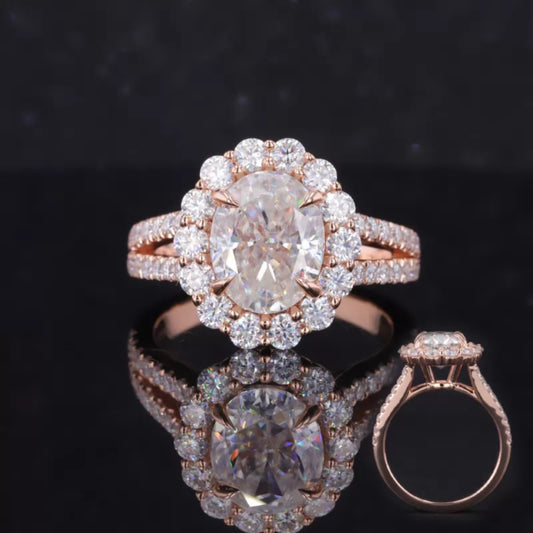Oval cut moissanite engagement ring with halo and split shank design – luxurious sparkle with timeless charm