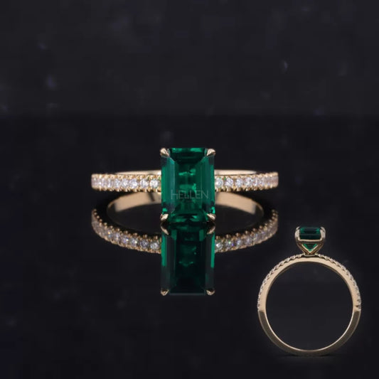 Emerald gemstone solitaire ring with moissanite accents – timeless and colorful engagement design

