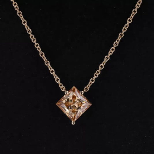 Champagne color princess cut moissanite solitaire necklace – elegant and unique pendant in warm tones