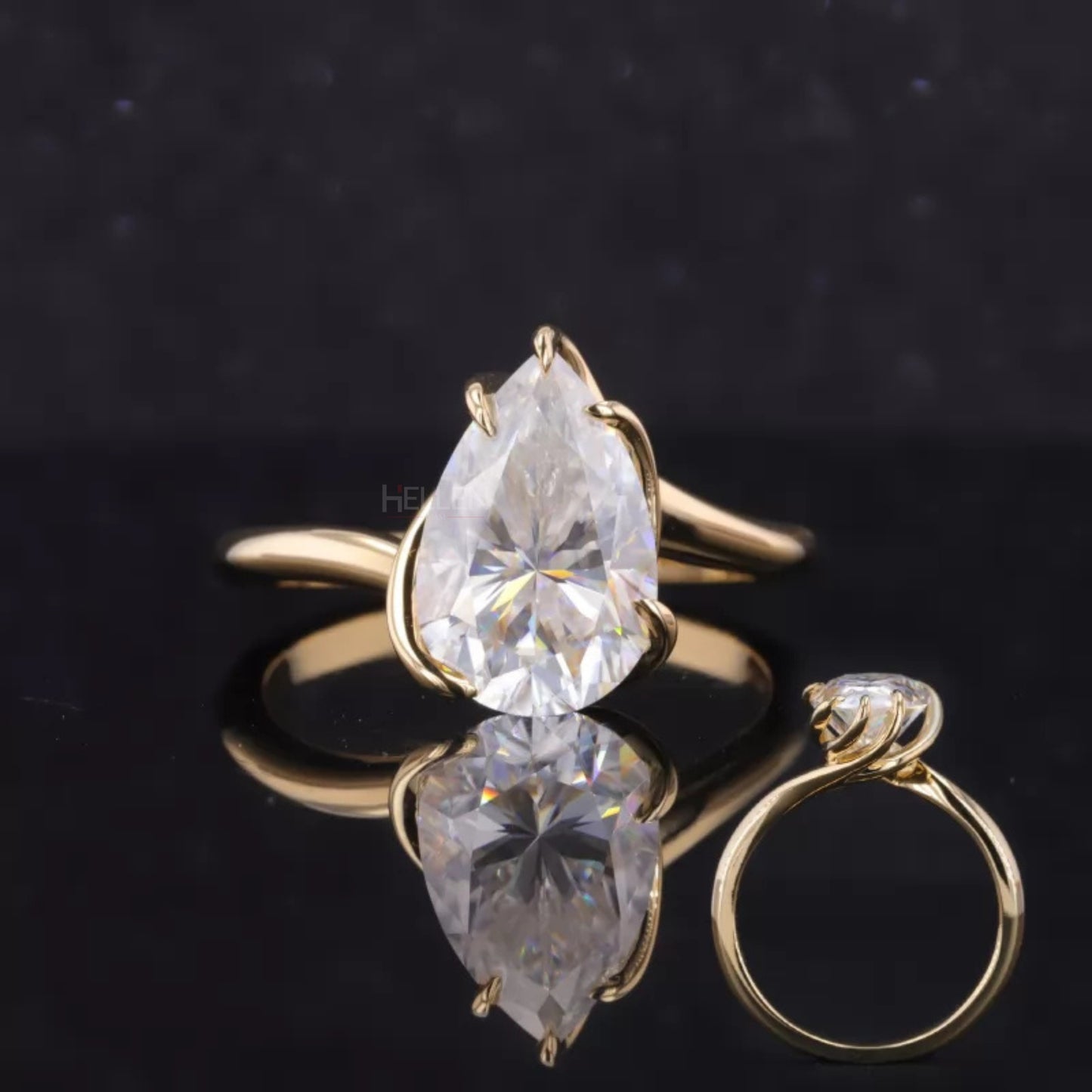 Unique spiral setting pear cut moissanite solitaire proposal ring with 5 prongs – bold and modern engagement design

