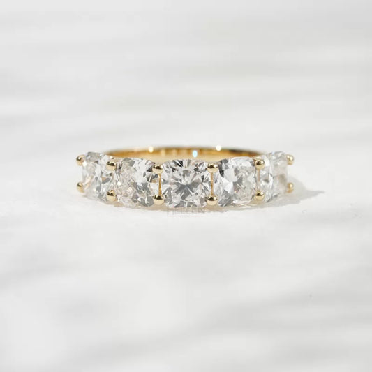 Cushion cut moissanite five-stone half eternity band – bold and elegant milestone ring

