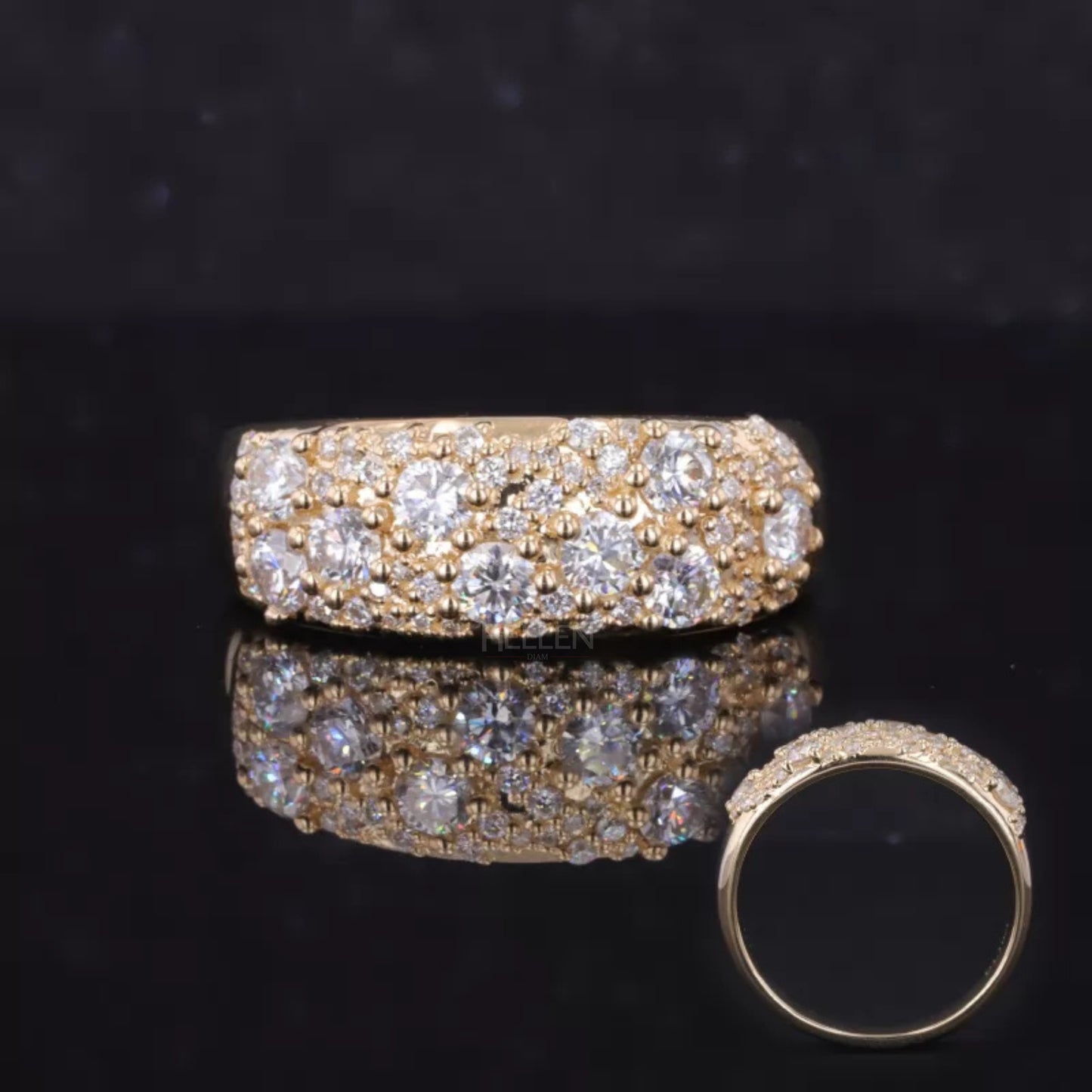 Vintage mosaic-style ring with round cut moissanite – intricate and artistic engagement or statement ring
