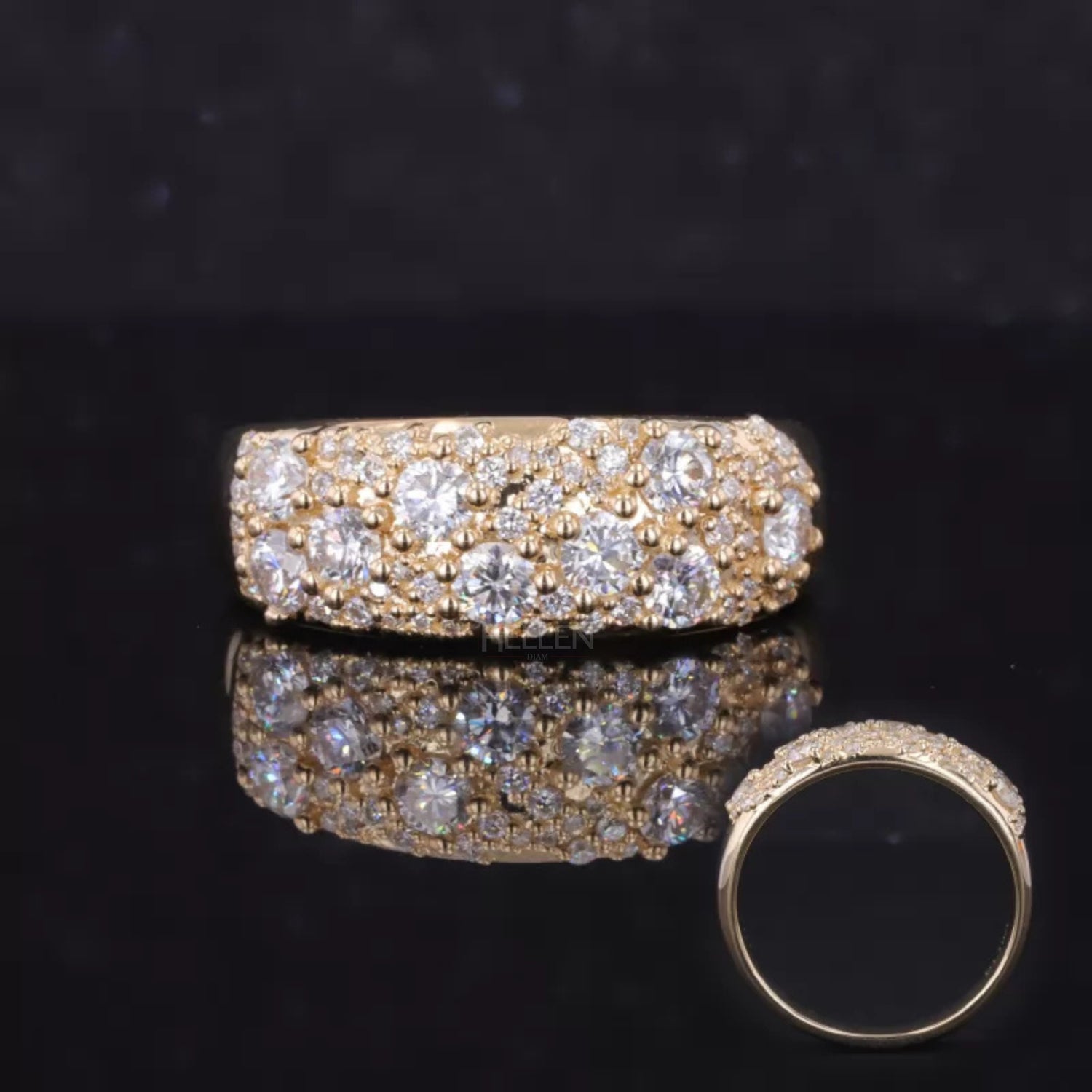 Vintage mosaic-style ring with round cut moissanite – intricate and artistic engagement or statement ring
