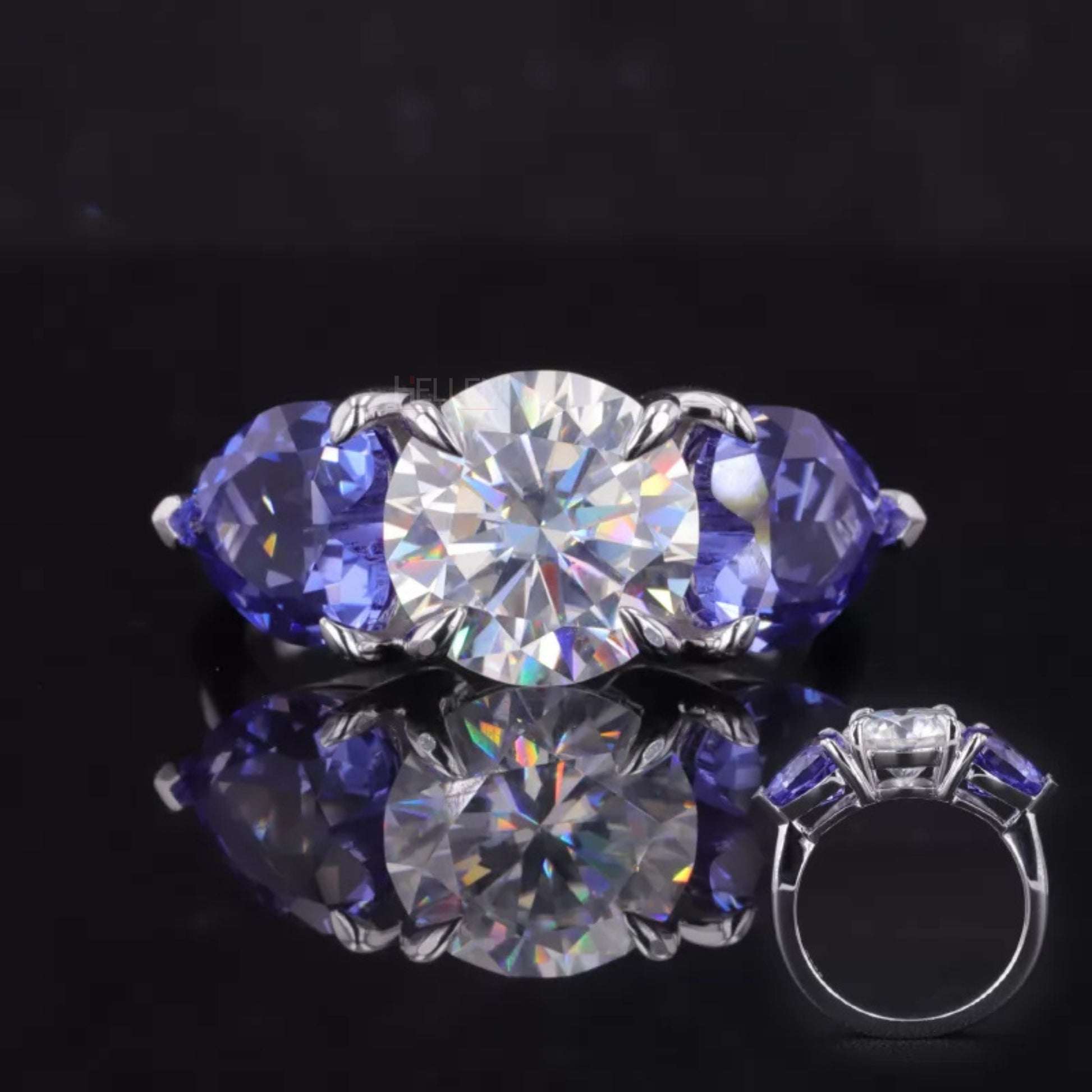 Unique engagement ring with round and blue heart cut moissanite stones – colorful and romantic bridal design